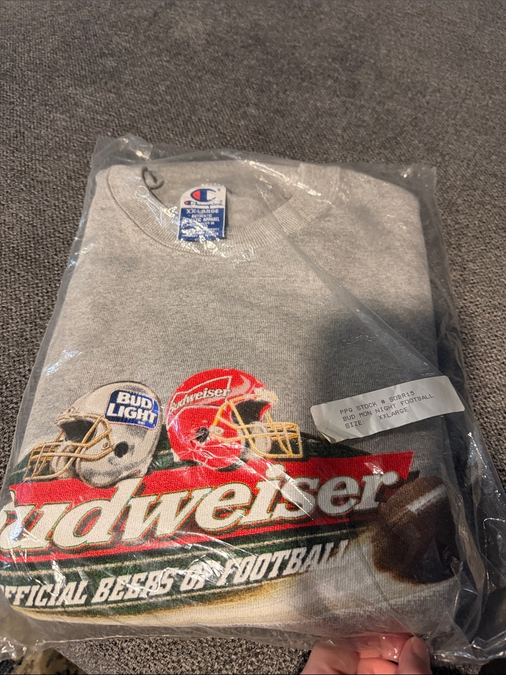 1998 Champion Grey Budweiser Football Graphic Crewneck Sweatshirt